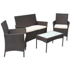 Conjunto de Sofás de Jardim Orlando em Ferro e Rattan Castanho – Sofá, Cadeiras e Mesa