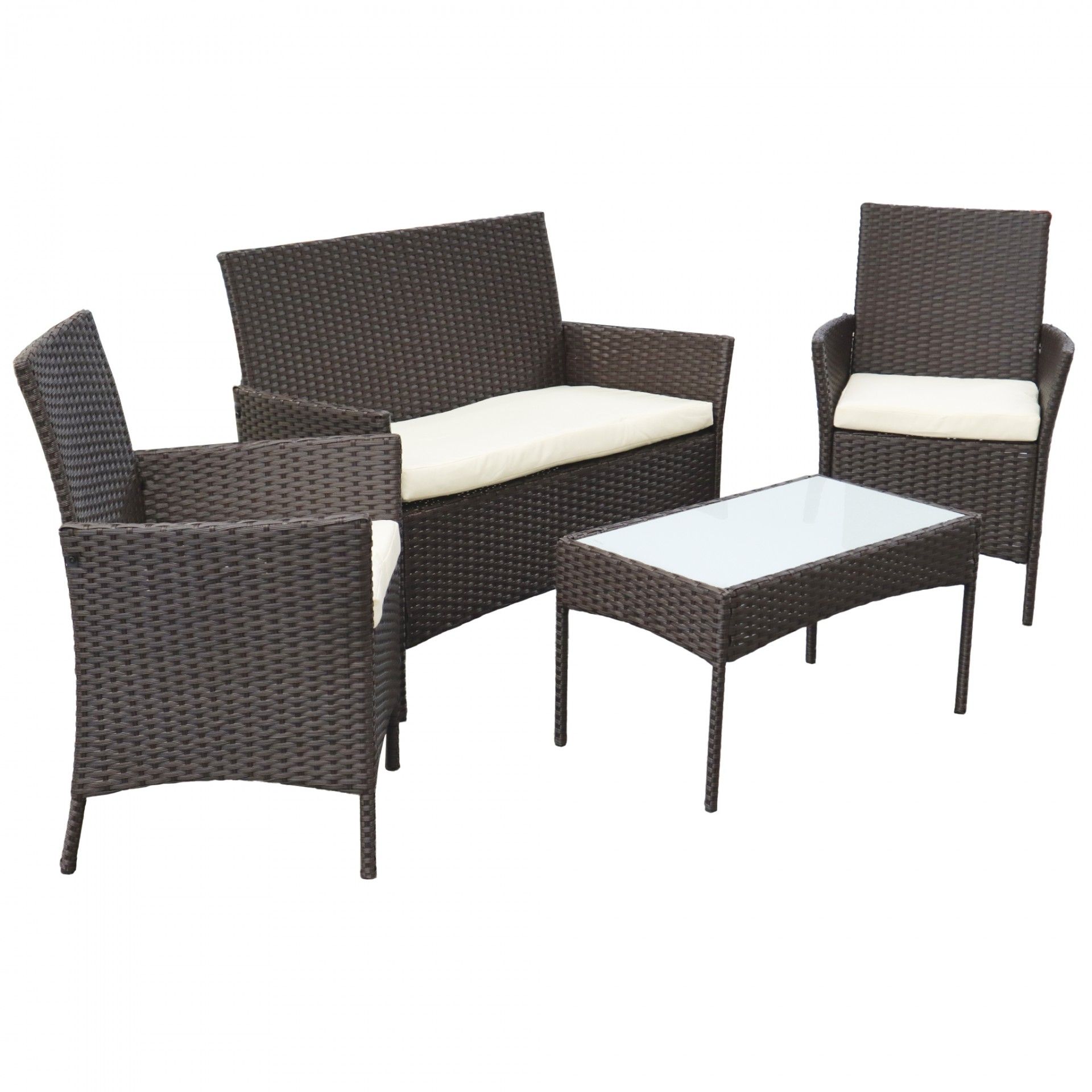 Conjunto de Sofás de Jardim Orlando em Ferro e Rattan Castanho – Sofá, Cadeiras e Mesa