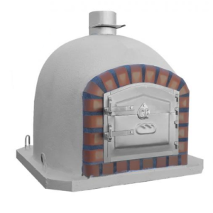 Forno a lenha Setúbal com porta e tubo em inox, acabamento tradicional em tijolo laranja