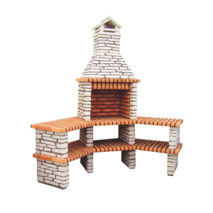 Churrasqueira Rock em betão e tijolo refratário matizado, com prateleira inferior, perfeita para churrascos rústicos, funcionais e organizados em casa.