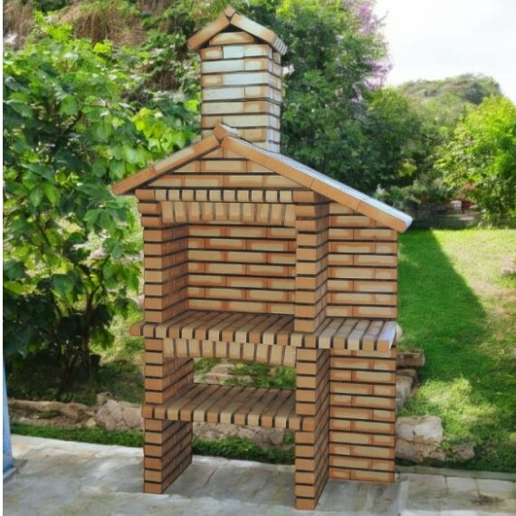 Churrasqueira Liberty 868 em tijolo matizado com mini bancada. Robusta, original e prática, ideal para grelhar a lenha ou carvão.