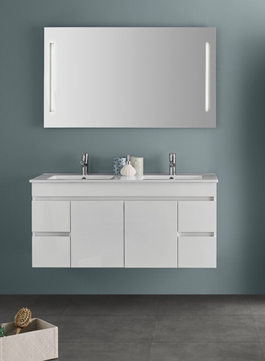 Móvel de casa de banho suspenso Coimbra com lavatório encastrado, disponível em várias medidas, portas e gavetas com fecho suave, design moderno e funcional.