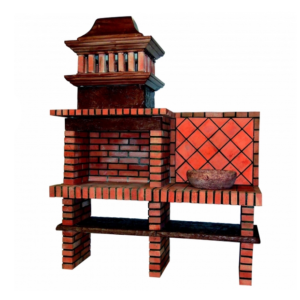 Churrasqueira Liberty 804 em tijolo com duas prateleiras inferiores, ideal para grelhar a lenha ou carvão, resistente e prática para jardins e quintais."