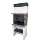 Churrasqueira Midi em betão com prateleira inferior, chaminé integrada e topo em tijolo cinzento