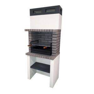 Churrasqueira Midi em betão com prateleira inferior, chaminé integrada e topo em tijolo cinzento