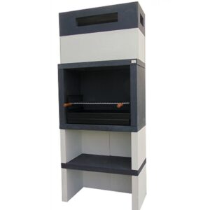 Churrasqueira Wide em betão com prateleira inferior, chaminé integrada e topo em tijolo cinzento