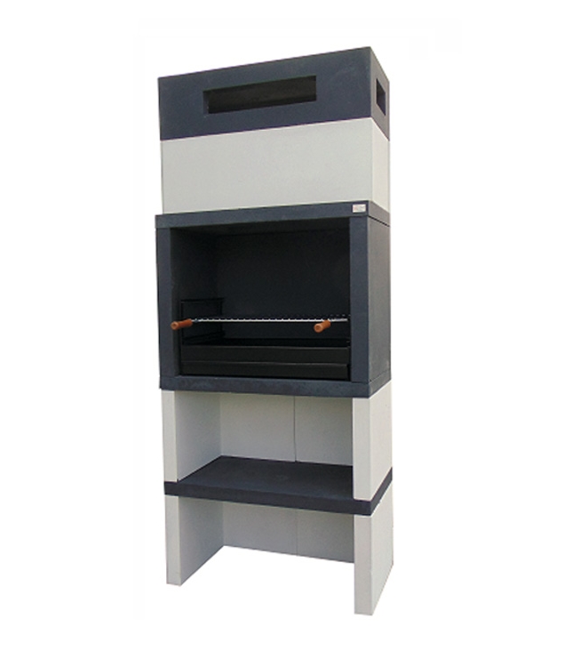 Churrasqueira Wide em betão com prateleira inferior, chaminé integrada e topo em tijolo cinzento