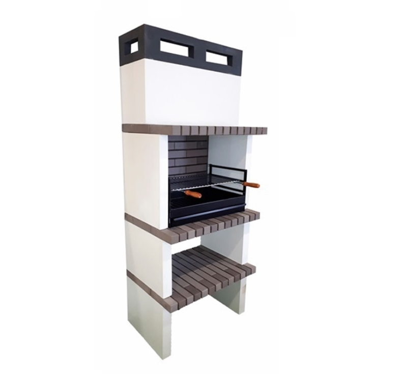 Churrasqueira Camping em betão e tijolo cinzento. Robusta, modular e versátil, ideal para churrascos ao ar livre com lenha ou carvão.