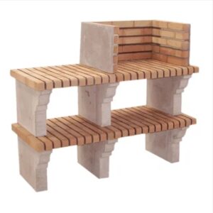 Churrasqueira Minus em betão e tijolo laranja com prateleira inferior e design clássico para refeições ao ar livre.