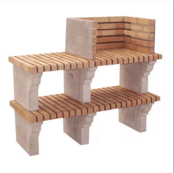 Churrasqueira Minus em betão e tijolo laranja com prateleira inferior e design clássico para refeições ao ar livre.