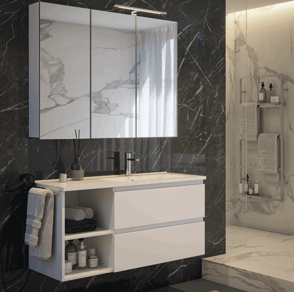 Móvel de casa de banho suspenso com lavatório à esquerda – Modelo Omni com gavetas, porta e acabamento moderno
