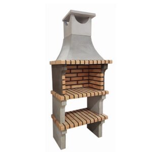 Churrasqueira tradicional L-ART em tijolo matizado com bancada e chaminé, ideal para exteriores.