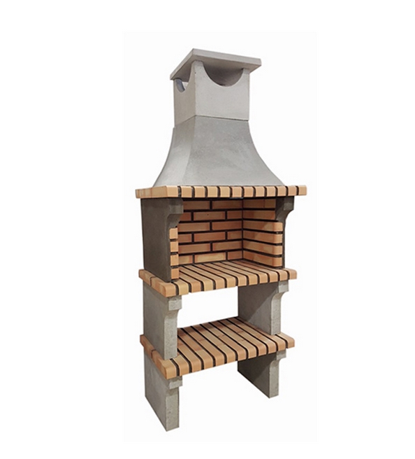 Churrasqueira tradicional L-ART em tijolo matizado com bancada e chaminé, ideal para exteriores.