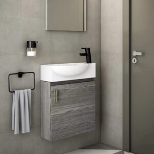 Móvel de fundo reduzido suspenso em madeira clara com lavatório integrado