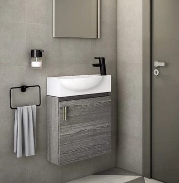 Móvel de fundo reduzido suspenso em madeira clara com lavatório integrado