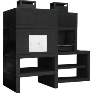 Churrasqueira Moderna CFM12 em microcimento ligeiramente texturado preto mate, com forno espaçoso, churrasqueira com extensão e grelhador opcional, ideal para espaço gourmet ao ar livre.