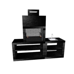 Churrasqueira Modular CM30B em preto ou castanho, com grelhador e bancada com lava-loiça, perfeita para churrascos ao ar livre.