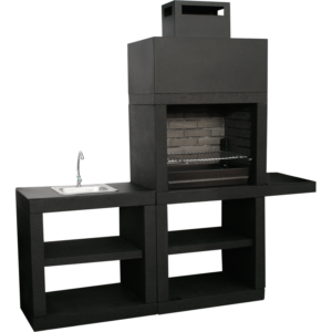 Churrasqueira Moderna CM45B em microcimento ligeiramente texturado preto mate, com bancada lava-louça e grelhador opcional, ideal para espaço gourmet ao ar livre