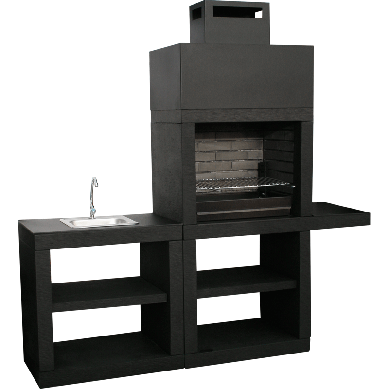 Churrasqueira Moderna CM45B em microcimento ligeiramente texturado preto mate, com bancada lava-louça e grelhador opcional, ideal para espaço gourmet ao ar livre