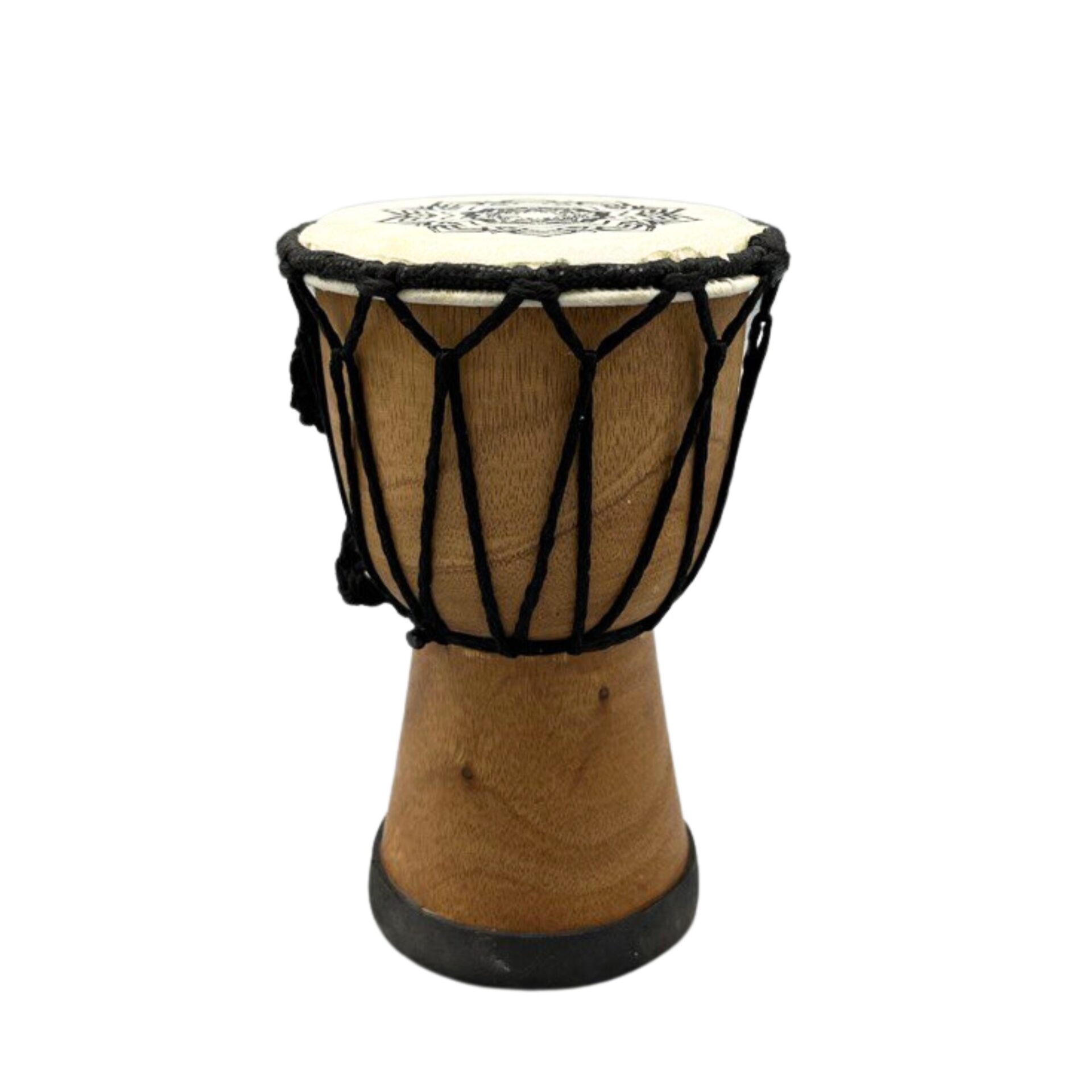 Tambor Djembe artesanal de topo largo 15cm em madeira de suar com pele de cabra natural, apresentando padrões tradicionais indonésios.