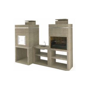 Churrasqueira Moderna CHF912 com forno de barro de 90 cm e grelhador de ferro 76x44x27 cm, cor bege com zona de fogo em tijolo laranja, perfeita para churrascos ao ar livre.