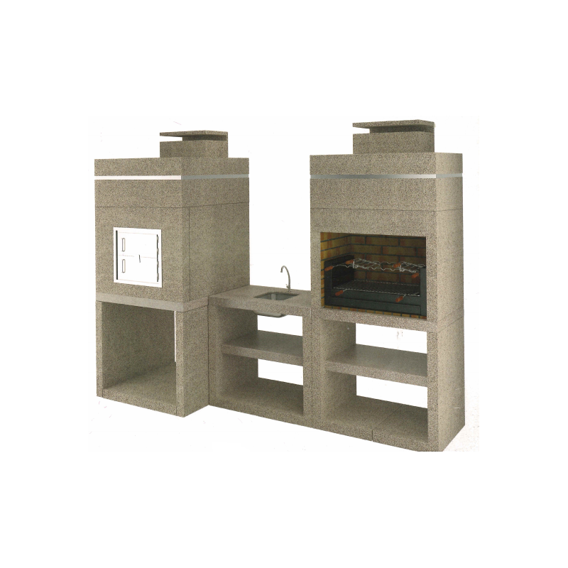 Churrasqueira Moderna CHF912 com forno de barro de 90 cm e grelhador de ferro 76x44x27 cm, cor bege com zona de fogo em tijolo laranja, perfeita para churrascos ao ar livre.