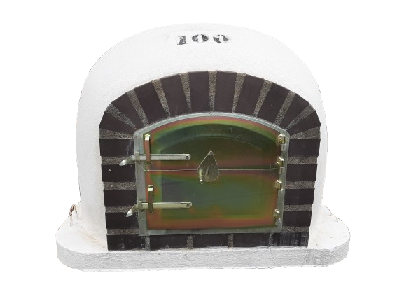 Forno a lenha Beja com acabamento cinza, fabricado em tijolo refratáriolegenda