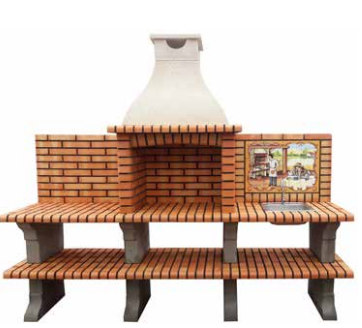 Churrasqueira em tijolo com bancadas e lava louça.