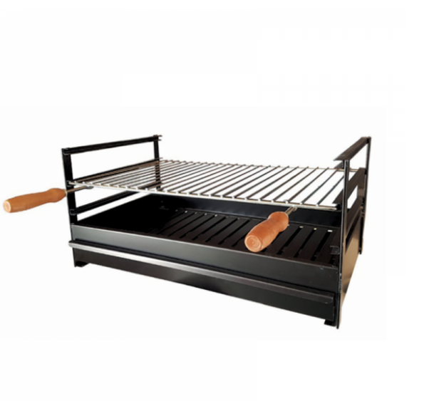 Grelhador Simples pintado preto em ferro resistente, com tabuleiro recolhe-cinzas e suporte para carvão, ideal para churrasqueiras tradicionais
