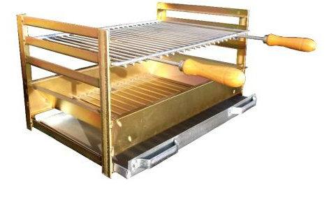 Grelhador com calhas em ferro zincado, com 3 posições ajustáveis. Inclui 1 grelha. Disponível em várias medidas – ideal para churrasqueiras.