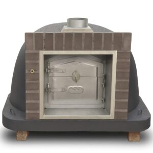 Forno a lenha Aveiro isolado com porta de fumeiro inox e acabamento cinza, ideal para cozinhas exteriores e zonas de lazer