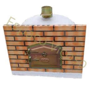 Forno rústico em tijolo com painel frontal e tubo de chaminé