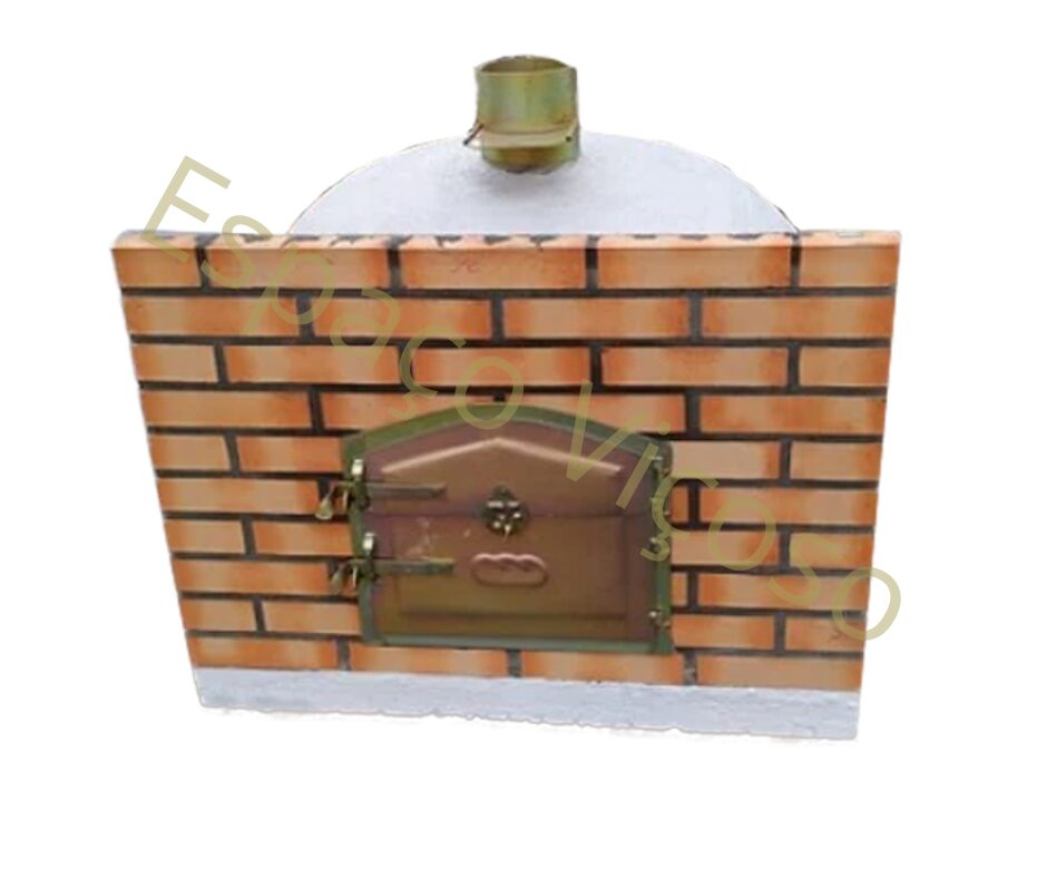 Forno rústico em tijolo com painel frontal e tubo de chaminé