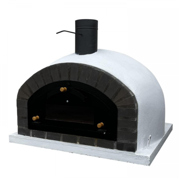 Forno a Lenha Pizza em tijolo cinza com porta robusta em ferro e vidro, ideal para cozer pizzas e pão.