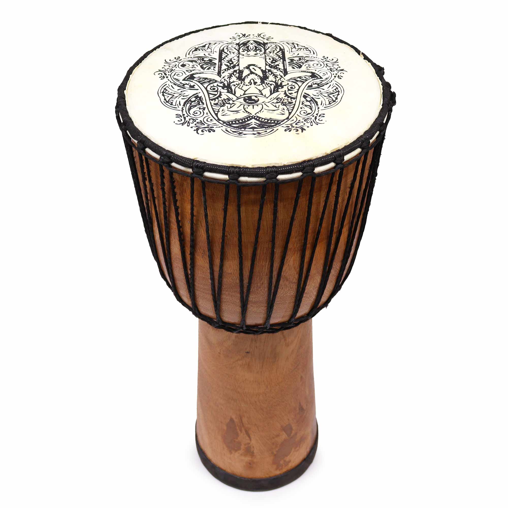 Tambor Djembe artesanal de topo largo 50cm em madeira de suar e algodão, com design tradicional indonésio e som autêntico.