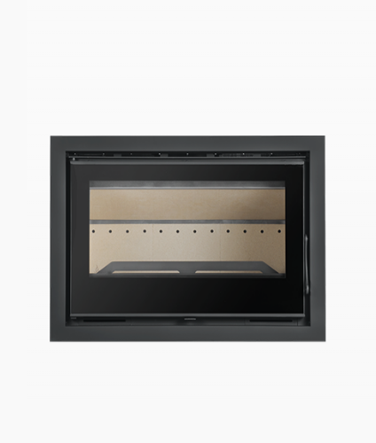 Recuperador de Calor Onix 800 Style da Solrak, modelo com vidro serigrafado, ideal para espaços de maiores dimensões, com ventilação forçada, potência de 11 kW e baixo consumo de lenha, proporcionando aquecimento eficiente e design moderno.