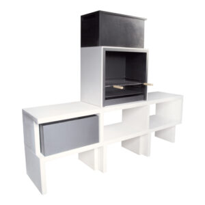 Churrasqueira Liv da Blive em betão hidrófugo e metal resistente à água, com grelha em inox, ideal para churrascos com lenha ou carvão vegetal em áreas externas.