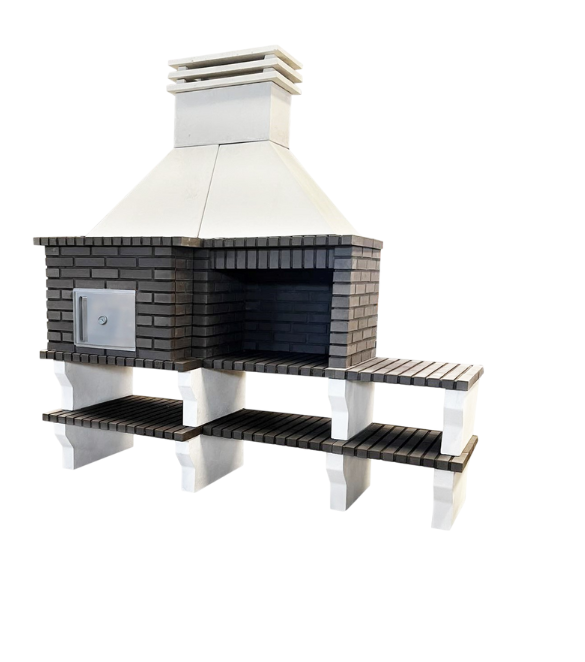 A Churrasqueira OVEN em tijolo cinza combina durabilidade, acabamento liso em betão e design modular, oferecendo funcionalidade e praticidade para churrascos a lenha ou carvão, perfeita para momentos memoráveis em casa.