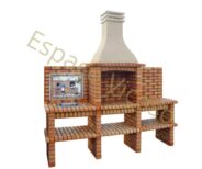 Churrasqueira com painel ESPV-215-A-T em tijolo matizado laranja com lava-louça, chaminé britada e painel decorativo.