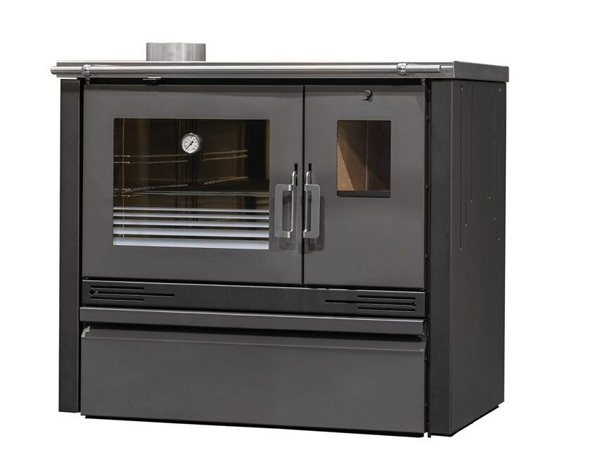 Fogão a lenha ME16 BLACK/BRONZE PV, 6.8 kW, forno com termómetro, porta de vidro ampla, estufa inferior, saída de fumos ajustável, eficiência A+ e Ecodesign.