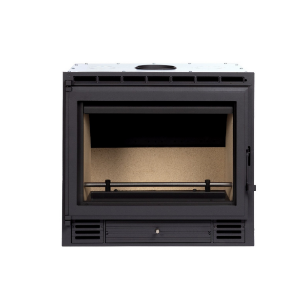 Recuperador de calor a lenha R7A Metlor ventilado 9 kW com vidro neocerâmico e frente em fundição