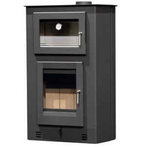 Salamandra a Lenha Íris Canto em aço com forno integrado, vidro Neocerâmico e design elegante, aquecendo o ambiente.