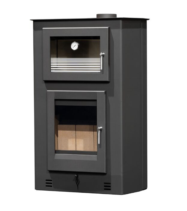 Salamandra a Lenha Íris Canto em aço com forno integrado, vidro Neocerâmico e design elegante, aquecendo o ambiente.