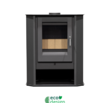 Salamandra a lenha SLDC 6kW em aço, com vidro neocerâmico e design para canto, alto rendimento 82,3%.