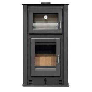 Salamandra a Lenha Íris N990 Frontal em aço com vidro Neocerâmico, destacando forno integrado e aquecimento eficiente.