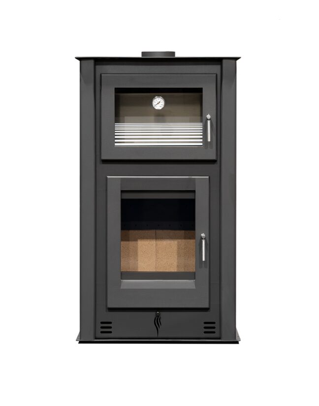 Salamandra a Lenha Íris N990 Frontal em aço com vidro Neocerâmico, destacando forno integrado e aquecimento eficiente.