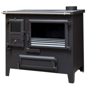 Fogão a lenha com forno em aço, portas em alumínio fundido e potência de 8,9 kW.