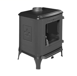 Salamandra a lenha 8005 em ferro fundido, com sistema de combustão tripla e vidro cerâmico resistente.