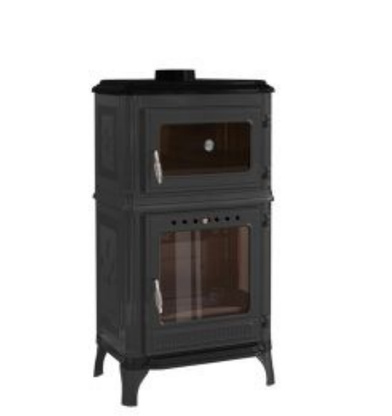 Salamandra a lenha com forno em ferro fundido 8010, com estrutura robusta e sistema de combustão tripla.