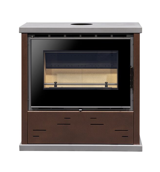 Salamandra a Lenha Bell 11 em aço com vidro Neocerâmico, ventilação tangencial e design moderno para aquecimento eficiente.